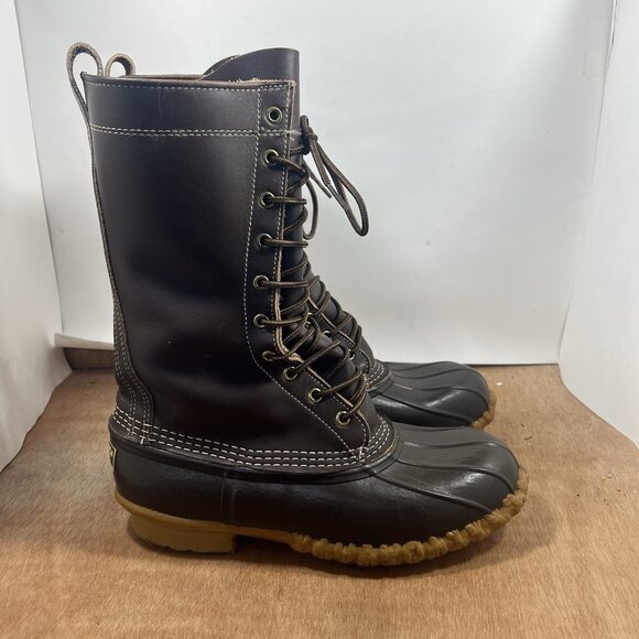 L.L.Bean Duck Boots Men Size 9 Wide Dark Brown Leather Tall Boots Unlined - Picture 1 of 9